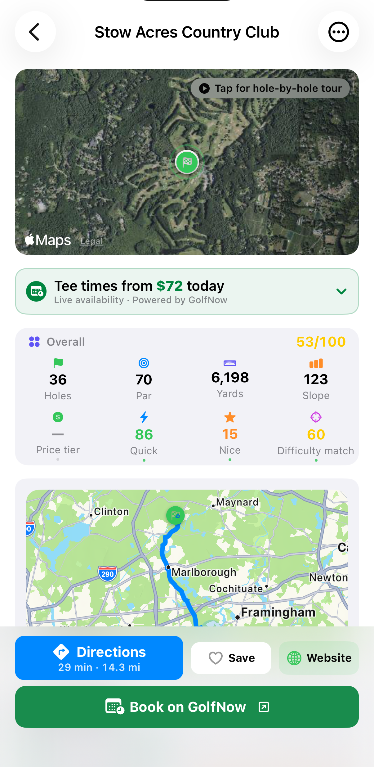 NearGolf course detail with satellite view